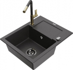 Granitinė virtuvinė plautuvė Mexen Enzo su mai&scaron;ytuvu ir sifonu, Black granite+Black granite/Gold