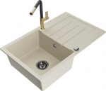 Granitinė virtuvinė plautuvė Mexen Bruno su mai&scaron;ytuvu ir sifonu, Beige+Black/Gold