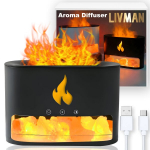 USB maitinamas aromatų difuzorius - oro drėkintuvas LIVMAN BZ-021 su Himalajų druskos kristalais, realisti&scaron;ka liepsnos imitacija, reguliuojamu laikmačiu, pritaikomu LED ap&scaron;vietimu ir 240ml vandens talpa