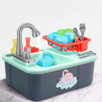 Didelė ir gili vaiki&scaron;ka kriauklė su bėgančiu vandeniu ir indeliais, 14 priedų, spalva žalsva