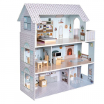 Medinis lėlių namas su baldais, mėlynas