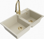 Granitinė virtuvinė plautuvė Mexen Tomas su mai&scaron;ytuvu ir sifonu, Beige/Gold