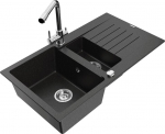 Granitinė virtuvinė plautuvė Mexen Matias su mai&scaron;ytuvu ir sifonu, Metallic black/Silver/Chrome