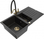 Granitinė virtuvinė plautuvė Mexen Matias su mai&scaron;ytuvu ir sifonu, Metallic black/Silver/Black/Gold