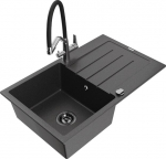 Granitinė virtuvinė plautuvė Mexen Bruno su mai&scaron;ytuvu ir sifonu, Black granite/Chrome