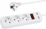 Prailginimo laidas su 3 lizdais, 2 Usb, jungikliu, 1.5m