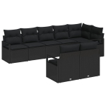 8 dalių sodo sofų komplektas su pagalvėlėmis Juodas Poli Ratanas,2-vietė sodo sofa su saugojimo vieta ir pagalvėlėmis Juodas Poli Ratanas