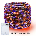 60 LED Oranžinės Pasakų Lemputės Lauko Dekorui Helovynui,  Violetinės ir oranžinės lemputės