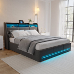 Lova 140 &times; 200 cm, su LED ap&scaron;vietimu ir USB sąsaja, hidraulinė lova, su vieta daiktams susidėti, pilka