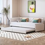 Sofa-lova 90/180x200 cm su grotelių pagrindu, aksominis audinys, smėlio spalvos