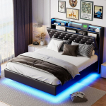 Lova 140 x 200 cm, su LED ap&scaron;vietimu, USB jungtimi, juoda