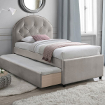Viengulė lova Home4you LARA 90x200 cm, &scaron;ampano spalvos, pamink&scaron;tinta su patalynės dėže