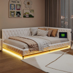 Sofa-lova 140x200 cm, apmu&scaron;ta lova su LED, USB, me&scaron;kiuko vilnos audinys, smėlio spalvos