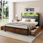 Dvigulė lova 160 x 200 cm, apmu&scaron;ta lova su LED, USB ir 4 stalčiais, PU, ​​ruda