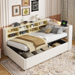 Polsteriuota lova 90x200 cm su hydrauline saugykla, LED, USB/Type-C, lentynėlėmis, beige