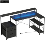 Žaidimų stalas, L formos stalas su LED ir elektros lizdais, 165x80x91.5 cm, juodas, medinis