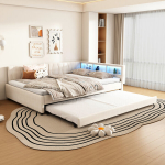 Daybett 140x200 cm su USB, Type-C, LED, i&scaron;traukiama lova, latten, be čiužinio, lino, smėlio spalvos