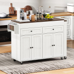 Virtuvės sala su ratukais, i&scaron;traukiama, su stalvir&scaron;iu ir stalčiais, balta/natūrali