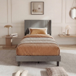 Viengulė lova 90x200 cm su grotelių rėmu, lininė, modernaus stiliaus, pilka