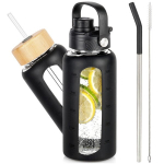 Stiklinis vandens buteliukas su silikoniniu dangteliu ir keičiamais dangteliais juodas 800 ml Orion