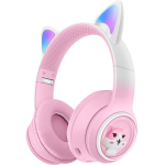 Ausinės su katės ausimis, mikrofonu ir FM radiju, rozinės, &scaron;viečiančios, Bluetooth