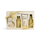 Vonios priemonių rinkinys IDC Institute Scented Bath Gold: du&scaron;o želė, 100 ml + kūno losjonas, 100 ml + kūno dulksna, 100 ml + vonios kamuoliukas, 90 g