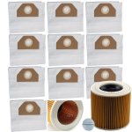 Pakaitinė dalis dulkių siurbliui Karcher WD2, WD3 &ndash; Komplektas 10 mai&scaron;ų ir filtras, Sustiprintas tinklelis, 2 sluoksnių popierius