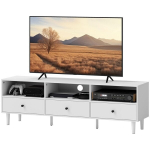TV komoda, TV stovas 75 colių ekranams, 3 atviri skyriai, 3 stalčiai, medžio drožlių plok&scaron;tė, balta, Balta