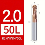 Mikrogrūdžio volframo plieninis rutulinis frezavimo įrankis su 2 spiraliniais grioveliais., R2,0*8*D4*50