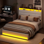 Lova ​​​​140 &times; 200 cm,su LED &scaron;viesa ir USB jungtimi, balta, PU