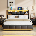 Lova su LED ap&scaron;vietimu ir USB jungtimi, juoda, PU oda, 140*200cm