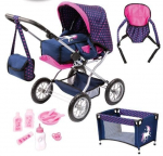 Vežimėlis lėlėms Bayer Dolls Pram Combi Set Grande, mėlynas
