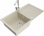 Granitinė virtuvinė plautuvė Mexen Leo su mai&scaron;ytuvu ir sifonu, Beige+Chrome
