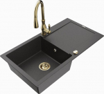 Granitinė virtuvinė plautuvė Mexen Leo su mai&scaron;ytuvu ir sifonu, Black granite+Gold