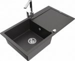Granitinė virtuvinė plautuvė Mexen Leo su mai&scaron;ytuvu ir sifonu, Black granite+Chrome