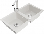 Granitinė virtuvinė plautuvė Mexen Mario su mai&scaron;ytuvu ir sifonu, White+Chrome