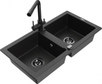 Granitinė virtuvinė plautuvė Mexen Mario su mai&scaron;ytuvu ir sifonu, Metallic black/silver+Black