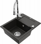 Granitinė virtuvinė plautuvė Mexen Enzo su mai&scaron;ytuvu ir sifonu, Metallic black/gold+Chrome