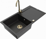 Granitinė virtuvinė plautuvė Mexen Leo su mai&scaron;ytuvu ir sifonu, Metallic black/silver+Gold