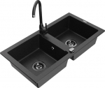 Granitinė virtuvinė plautuvė Mexen Mario su mai&scaron;ytuvu ir sifonu, Metallic black/silver+Black