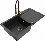 Granitinė virtuvinė plautuvė Mexen Leo su mai&scaron;ytuvu ir sifonu, Metallic black/silver+Black/Gold