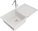 Granitinė virtuvinė plautuvė Mexen Leo su mai&scaron;ytuvu ir sifonu, White+Grey/Chrome