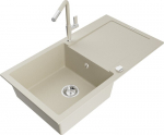 Granitinė virtuvinė plautuvė Mexen Leo su mai&scaron;ytuvu ir sifonu, Beige+Beige/Chrome