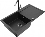 Granitinė virtuvinė plautuvė Mexen Leo su mai&scaron;ytuvu ir sifonu, Metallic black/silver+Black/Chrome