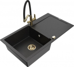Granitinė virtuvinė plautuvė Mexen Leo su mai&scaron;ytuvu ir sifonu, Metallic black/silver+Black/Gold