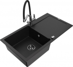 Granitinė virtuvinė plautuvė Mexen Leo su mai&scaron;ytuvu ir sifonu, Black+Black/Chrome