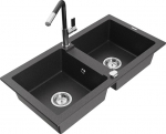 Granitinė virtuvinė plautuvė Mexen Mario su mai&scaron;ytuvu ir sifonu, Black granite+Black/Chrome