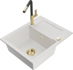 Granitinė virtuvinė plautuvė Mexen Enzo su mai&scaron;ytuvu ir sifonu, White+Black/Gold