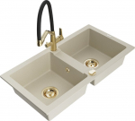 Granitinė virtuvinė plautuvė Mexen Mario su mai&scaron;ytuvu ir sifonu, Beige+Black/Gold