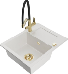 Granitinė virtuvinė plautuvė Mexen Enzo su mai&scaron;ytuvu ir sifonu, White+Black/Gold